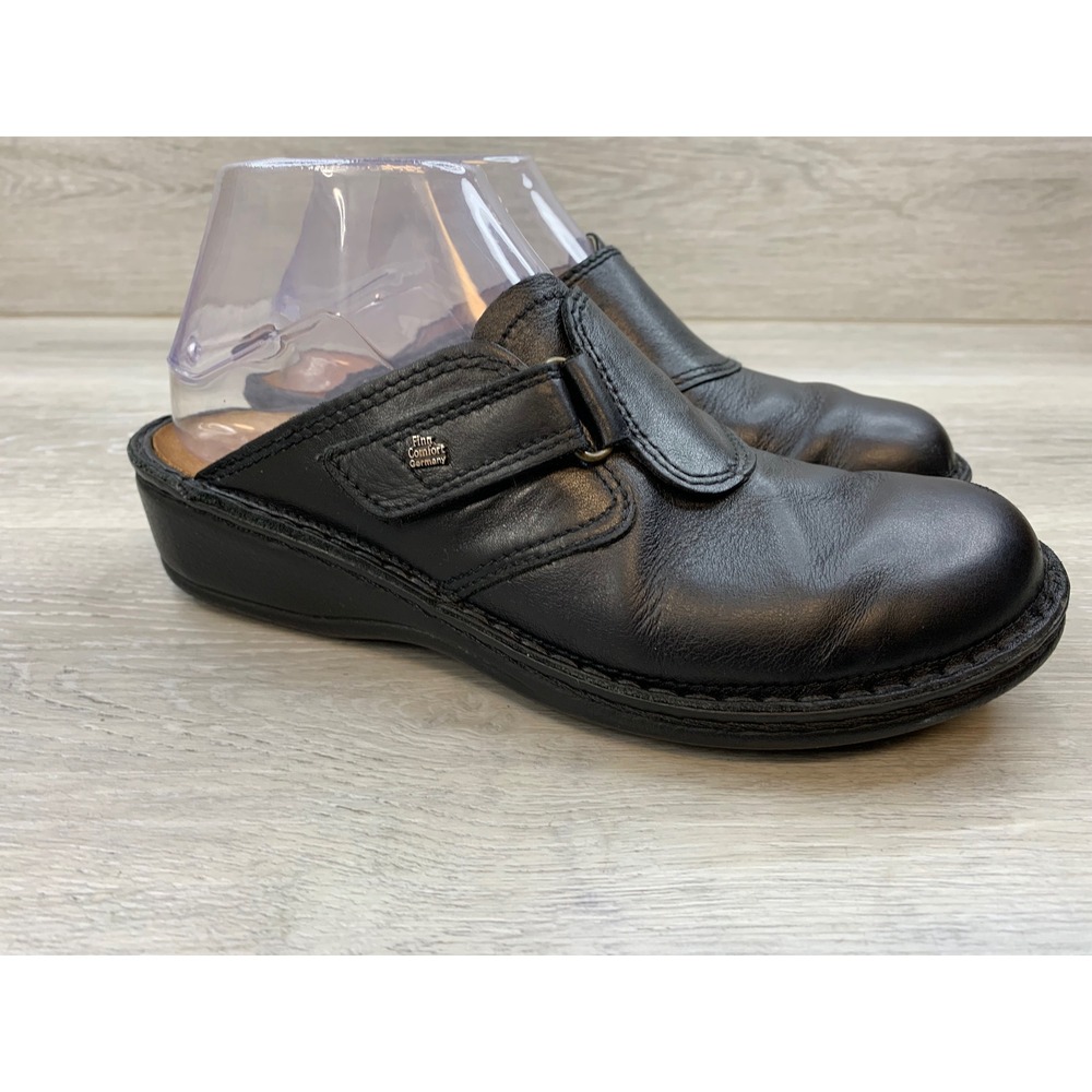 Finn Comfort Black Leather Mules Clogs Made in Germany Women's Strap 7.5 Shoes